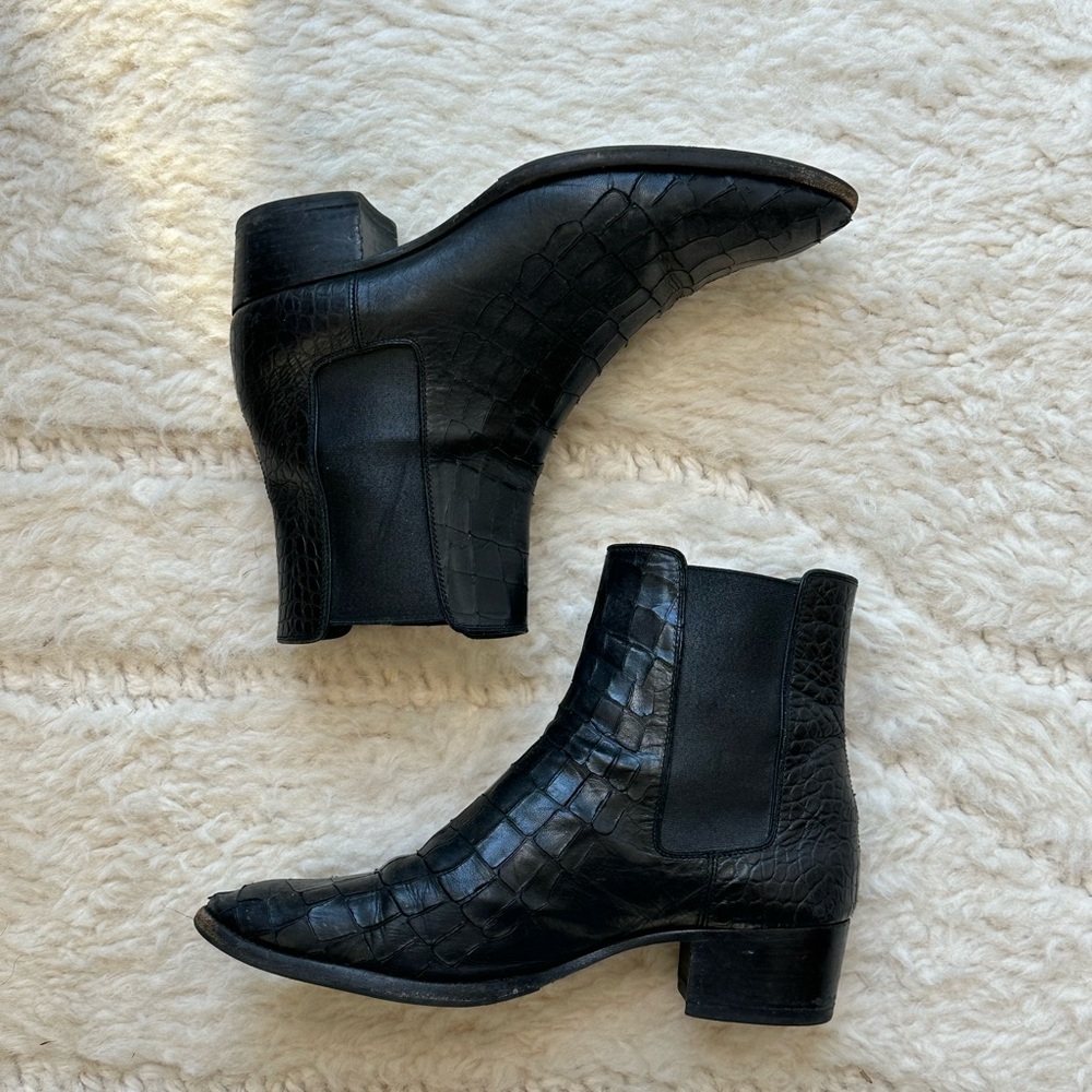Black Saint Laurent croc embossed boot